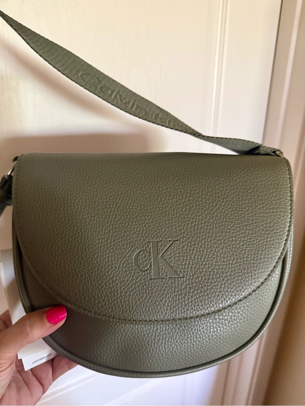 Calvin Klein Olive Green Pebbled Saddle Crossbody Handbag | NWT